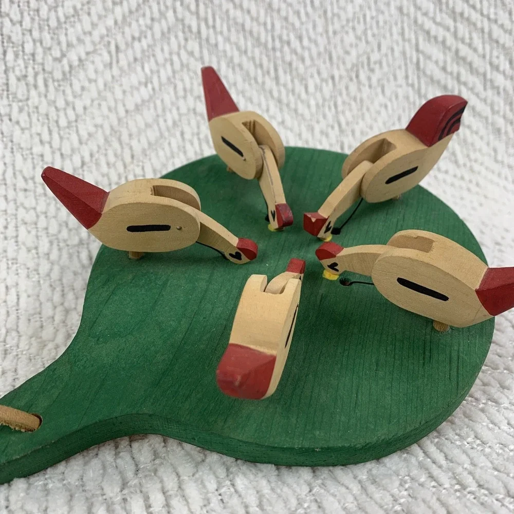 Folk Art Hand Painted Wooden Handmade Vintage Pecking Chickens Motion Paddle Toy